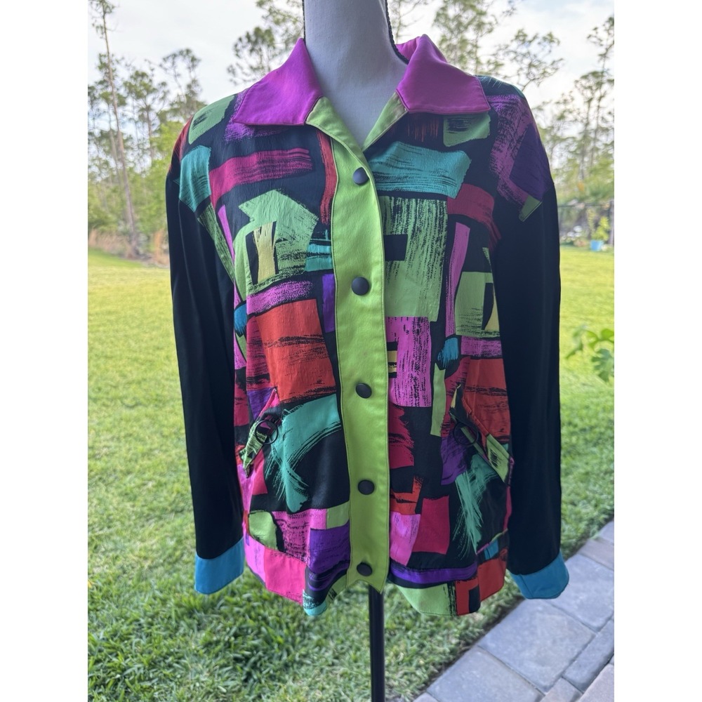 Diane Gilman 100% Silk Multicolor Studded Button Up Longsleeve Jacket Sz M